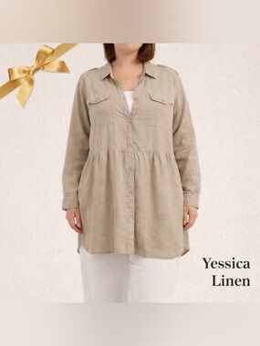 Yessica 100% Linen Longline Tunic Shirt Dress XXL 35” Length Neutral